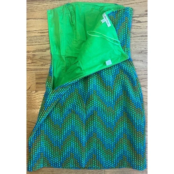 Beth Bowley Strapless Dress Blue Green Geometric Size 6 Retro 60s Style Chic - Picture 3 of 11